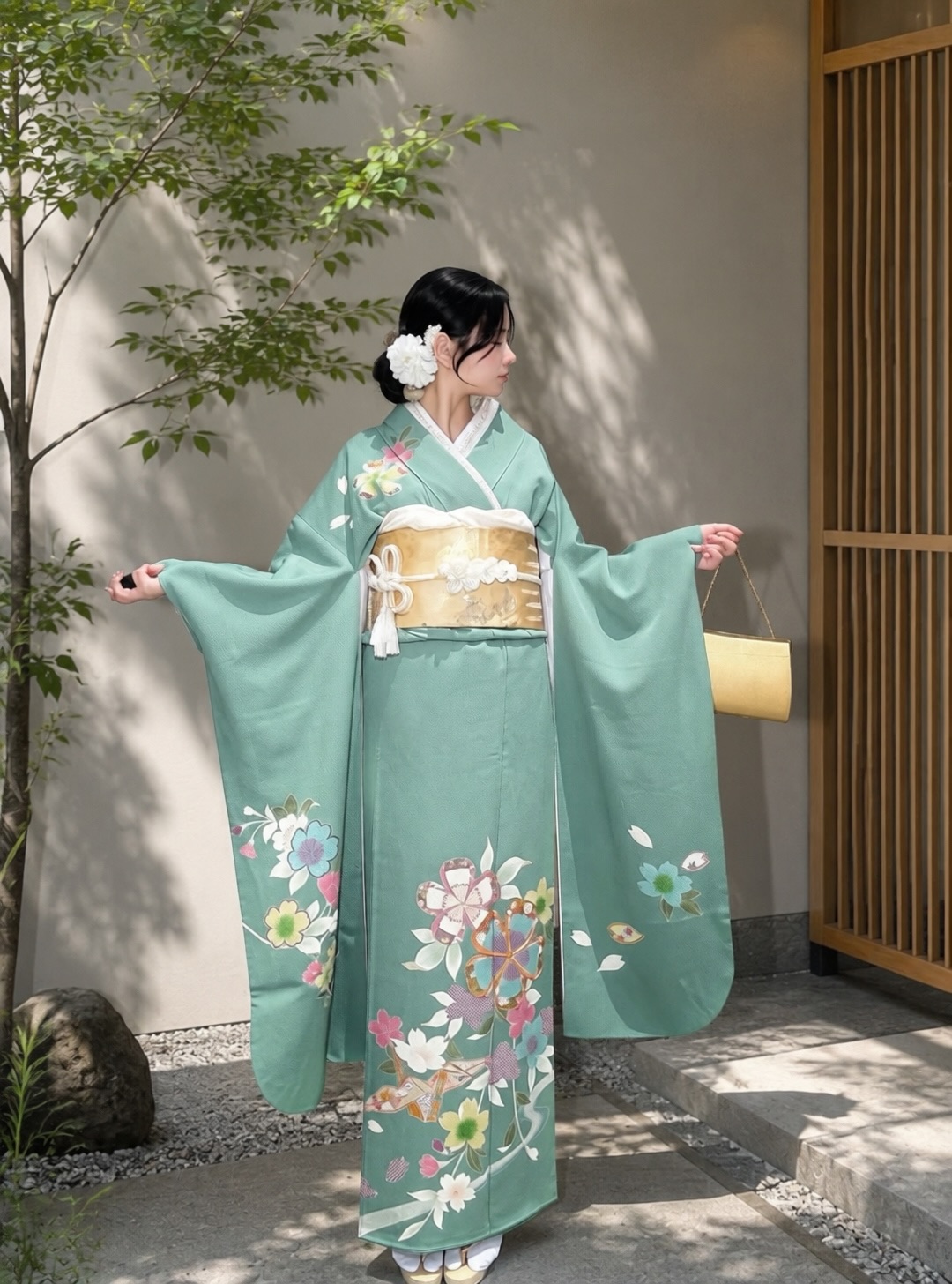 くすみブルー 草花と折鶴