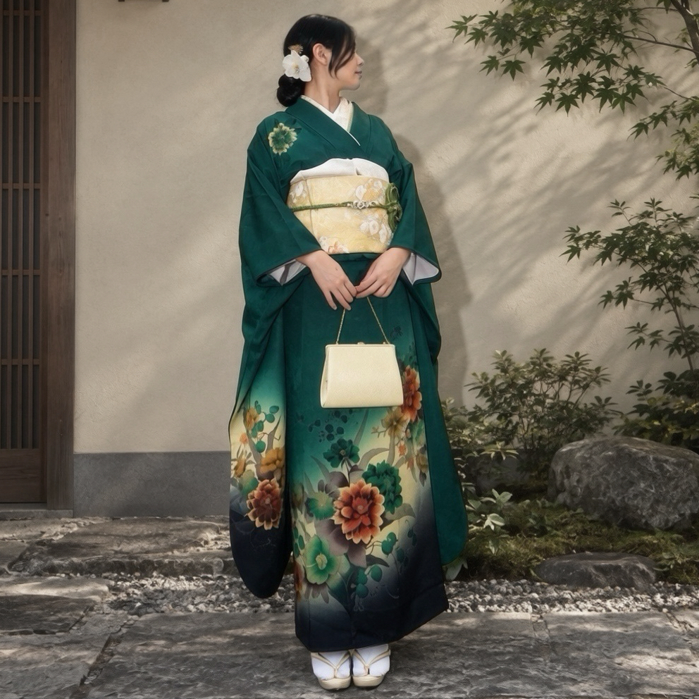 深緑とゴールド 草花金彩